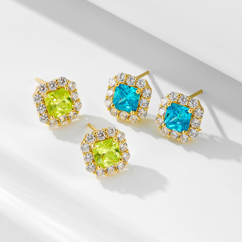 Color Gemstone Stud Earrings S925 Sterling Silver Earrings High-End Square Zircon Earrings Jewelry.