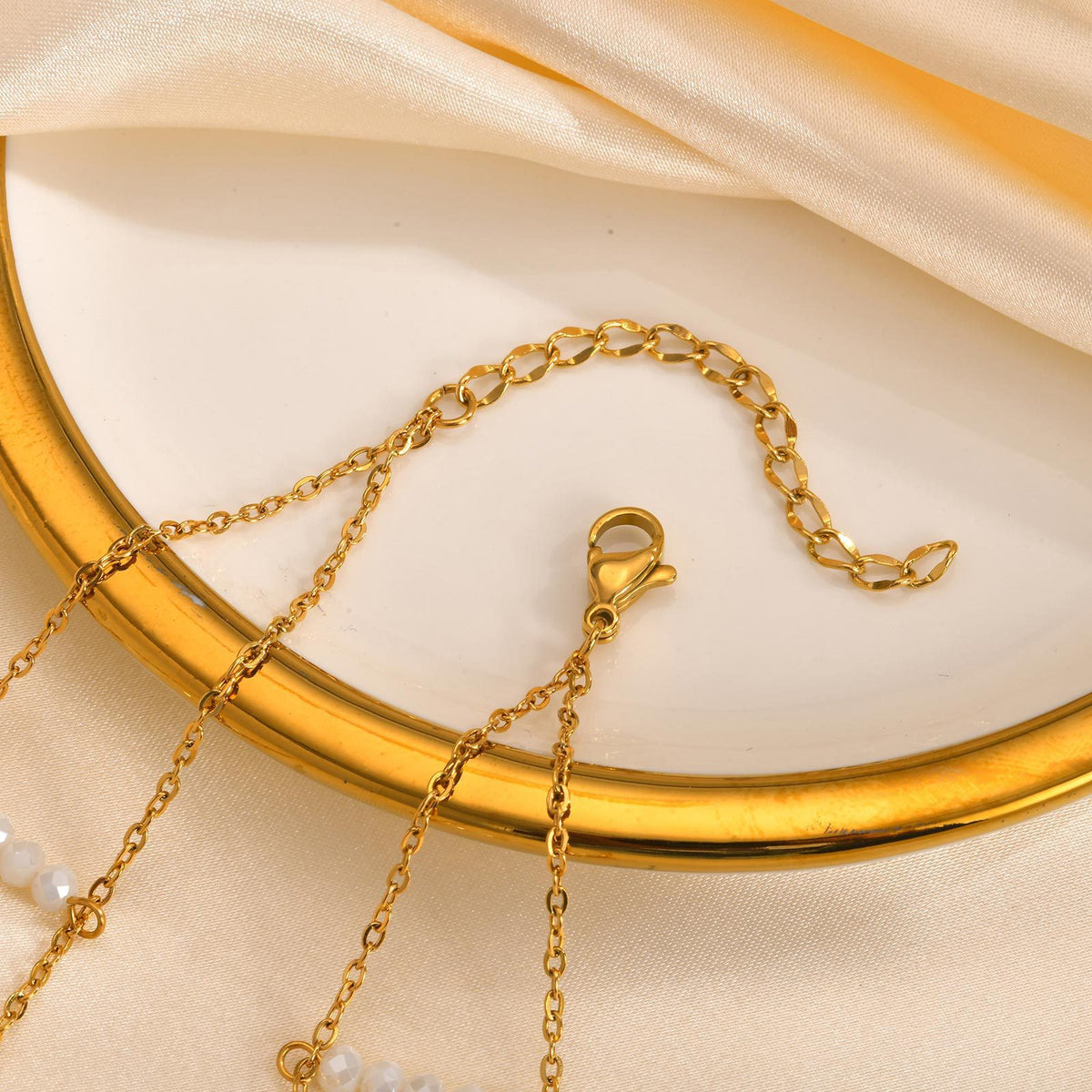 Chokers Stainless Steel Flat Cross Chain White Crystal Cut Beads Double Gold Necklace