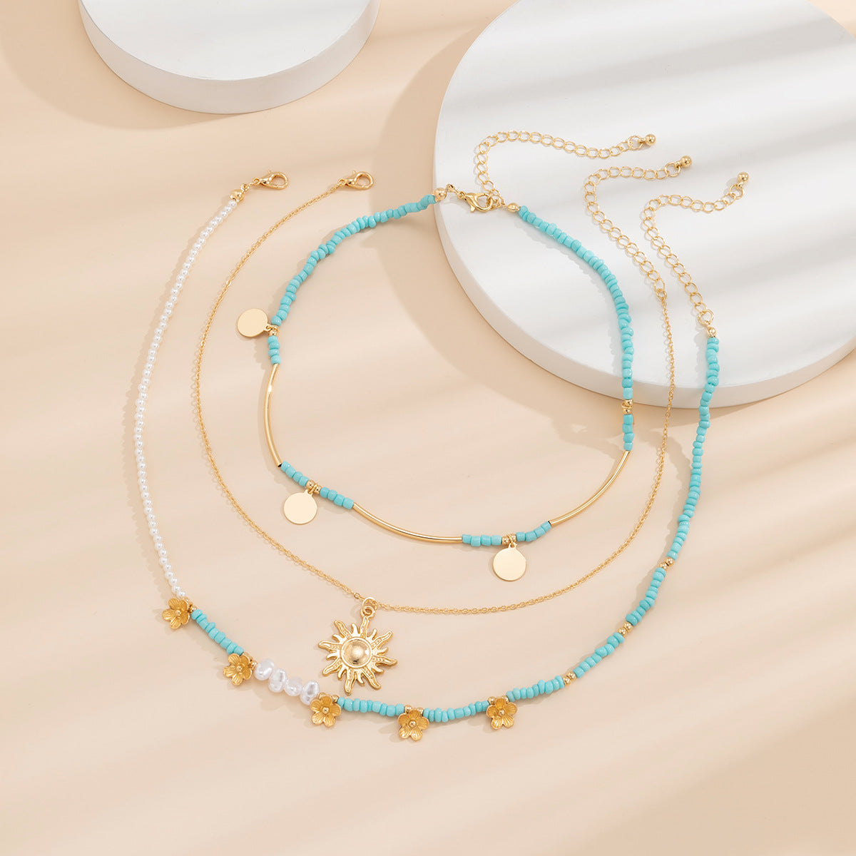 Planderful Vienna Verve Layered Imitation Pearl Necklace With Sequined Bead Flower Pendant For Fashion Forward Women