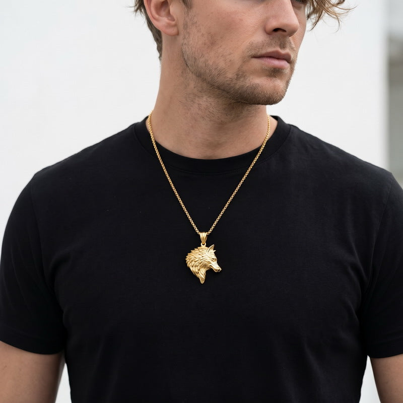 Retro And Old Animal Pendants, Punk Style Wolf Head Stainless Steel Men's Pendant Necklace