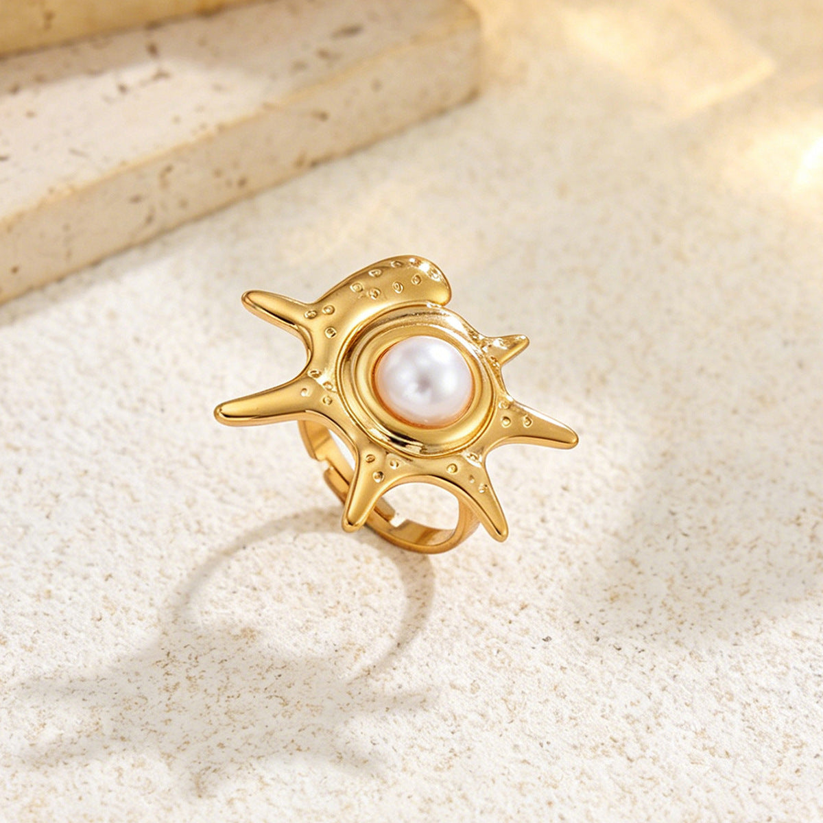 Planderful Ocean Starfish Ring With Imitation Pearl Adjustable Stainless Steel Statement Beach Jewelry For Women