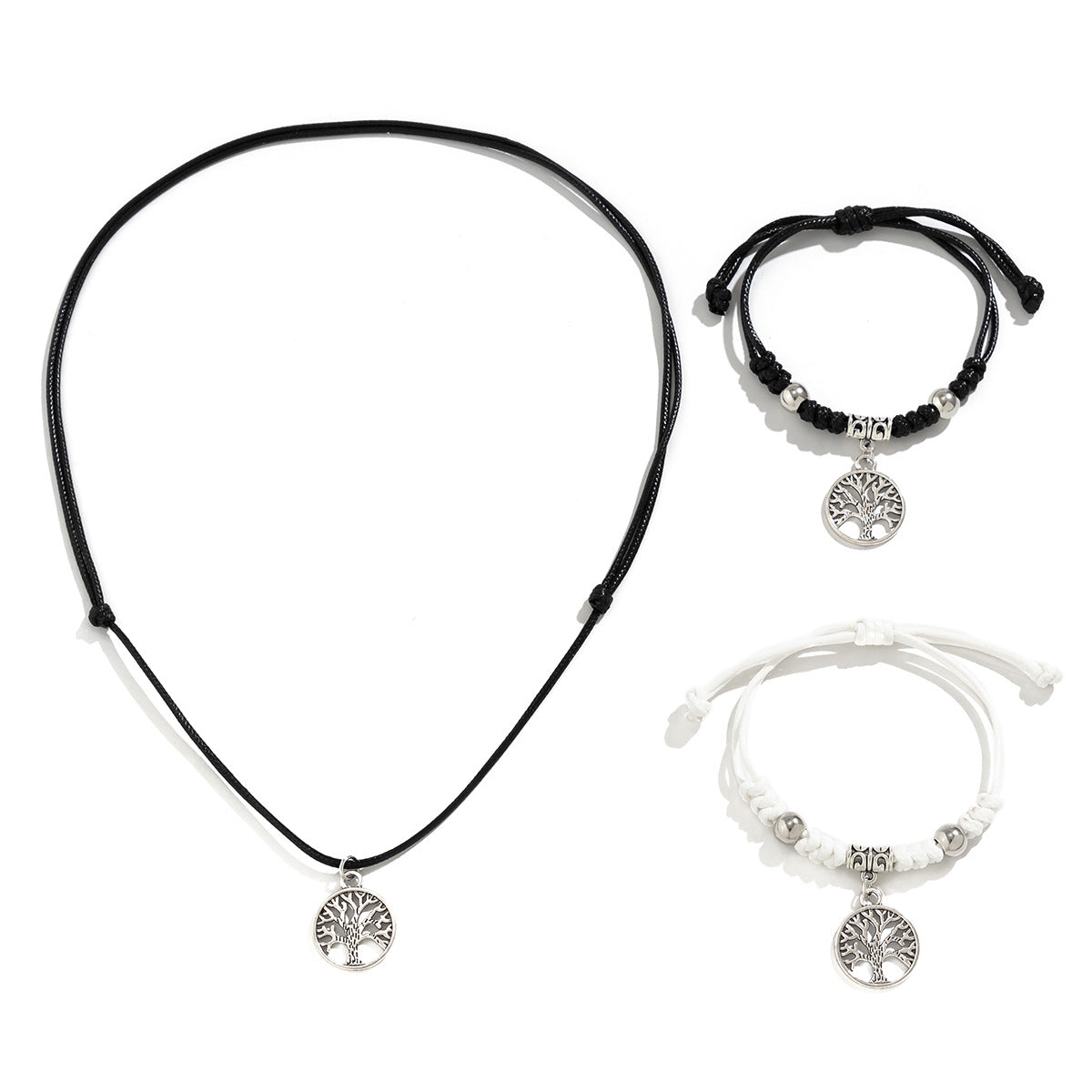 Star Shaped Life Tree Drawstring Necklace Set with Retro Peace Symbol