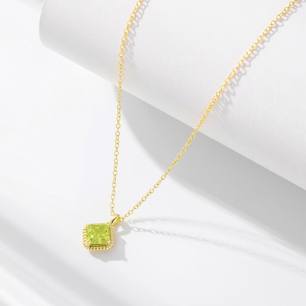 Geometric Square Green Zircon Pendant Necklace S925 Sterling Silver Zircon Necklace