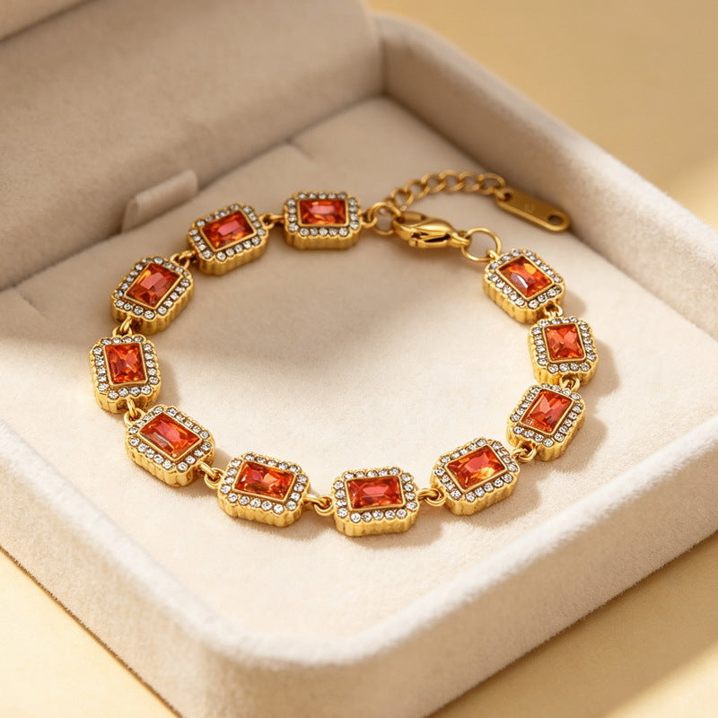 Color Surrounding Square Zircon Stainless Steel Bracelet Palace Style Adjustable