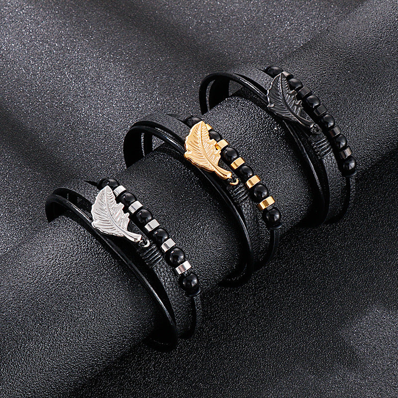 Planderful Multi Layer Feather Woven Leather Bracelet For Men
