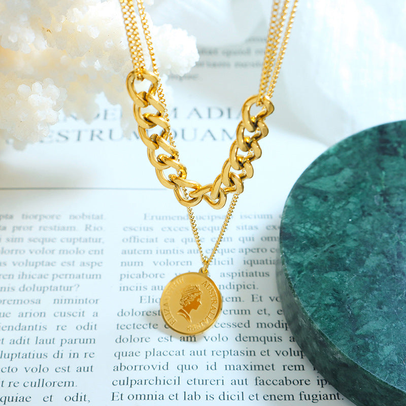 Royalty Portrait Double Pendant Necklace with Hip-hop Chain