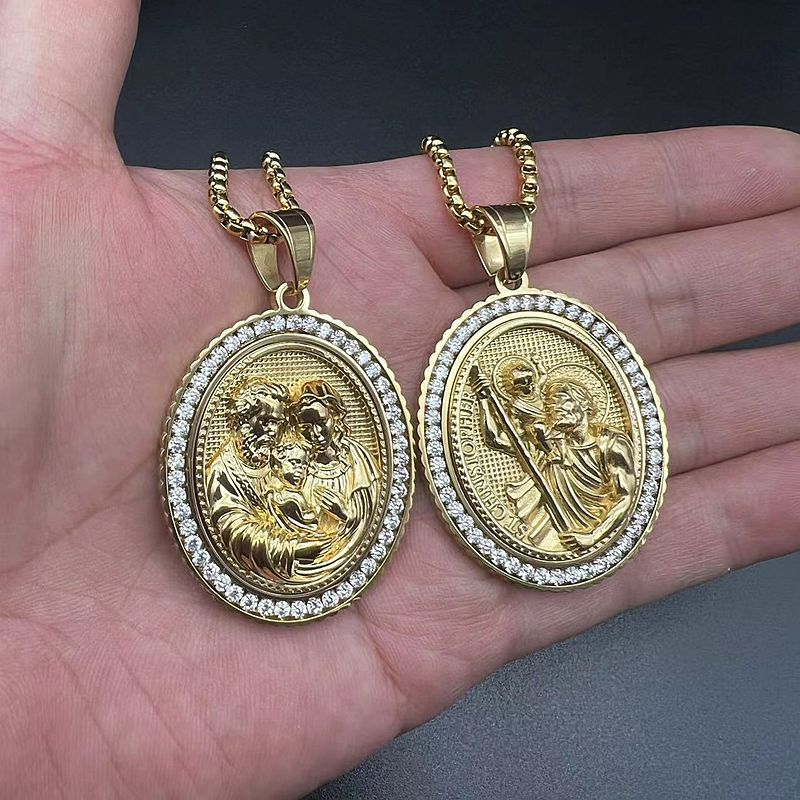 Zircon Necklace – Statement Stainless Steel Gold-Plated Jesus Father And Son Pendant