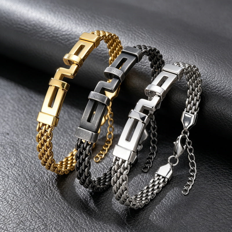 With Extension Chain Bracelet – Hip-Hop Back Pattern Labyrinth Curved Bar Mesh Chain