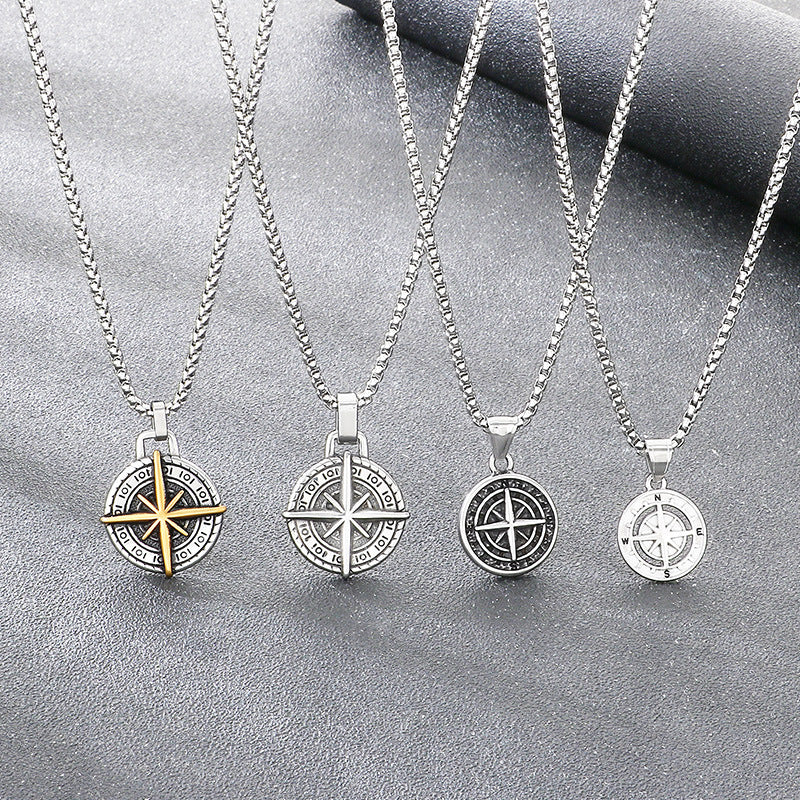 Compass Round, Punk Style Retro Coin Compass Stainless Steel Men's Pendant Necklace