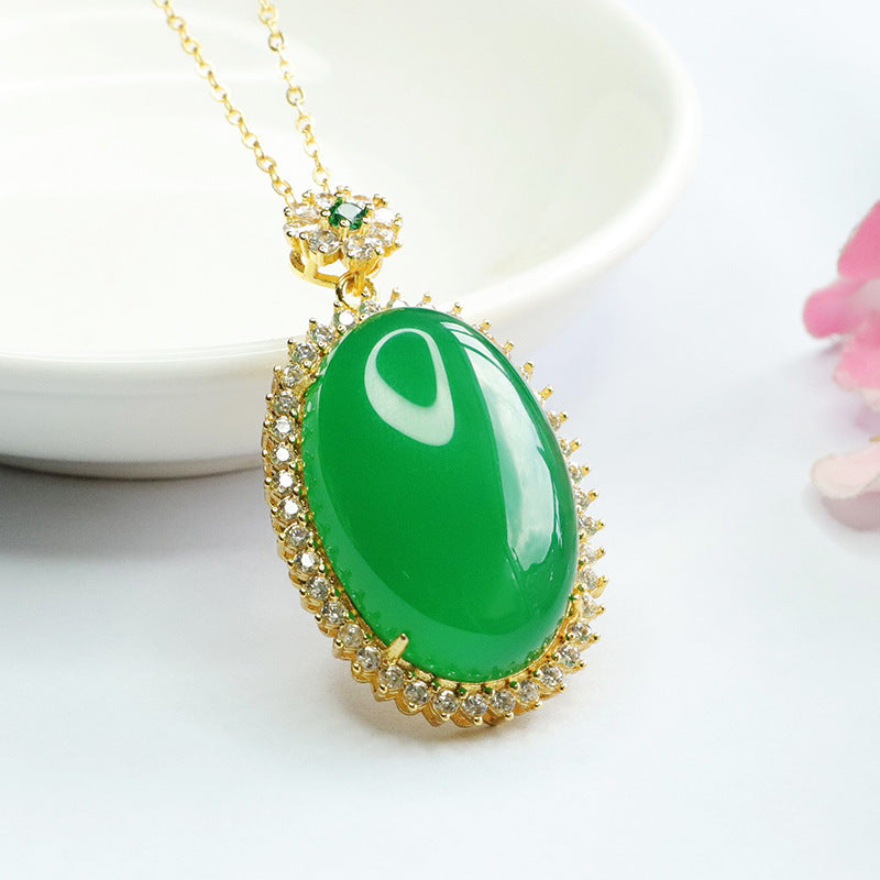 Green Chalcedony Pendant Necklace with Zircon Halo