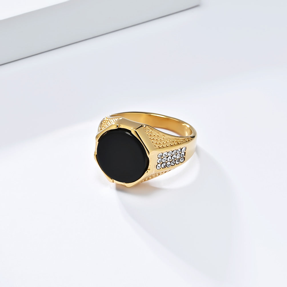 Planderful Mens Geometric Titanium Steel Ring With Black Gem Inlay For Modern Luxury Jewelry
