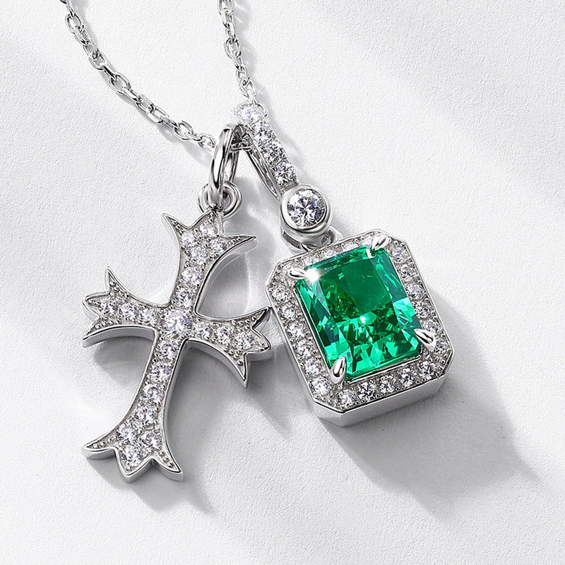 S925 Sterling Silver High-Carbon Stone Cross Pendant Necklace