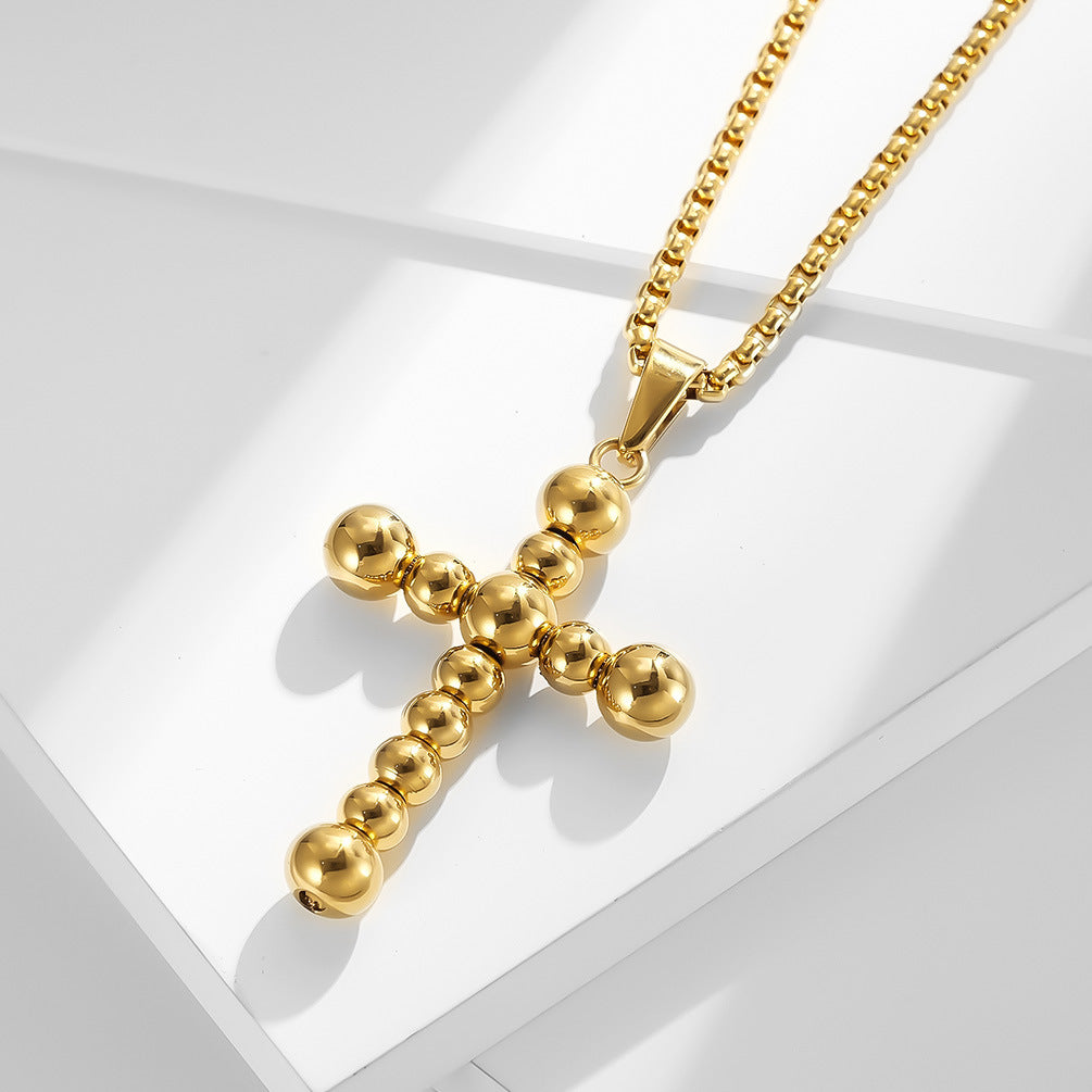 Planderful Titanium Steel Beaded Cross Necklace Unisex Trendy Cold Style Jewelry