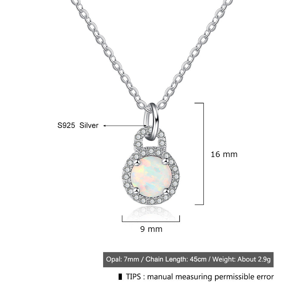 Planderful Jewelry Sterling Silver Opal Necklace With Zircon Halo For Women Elegant Gift