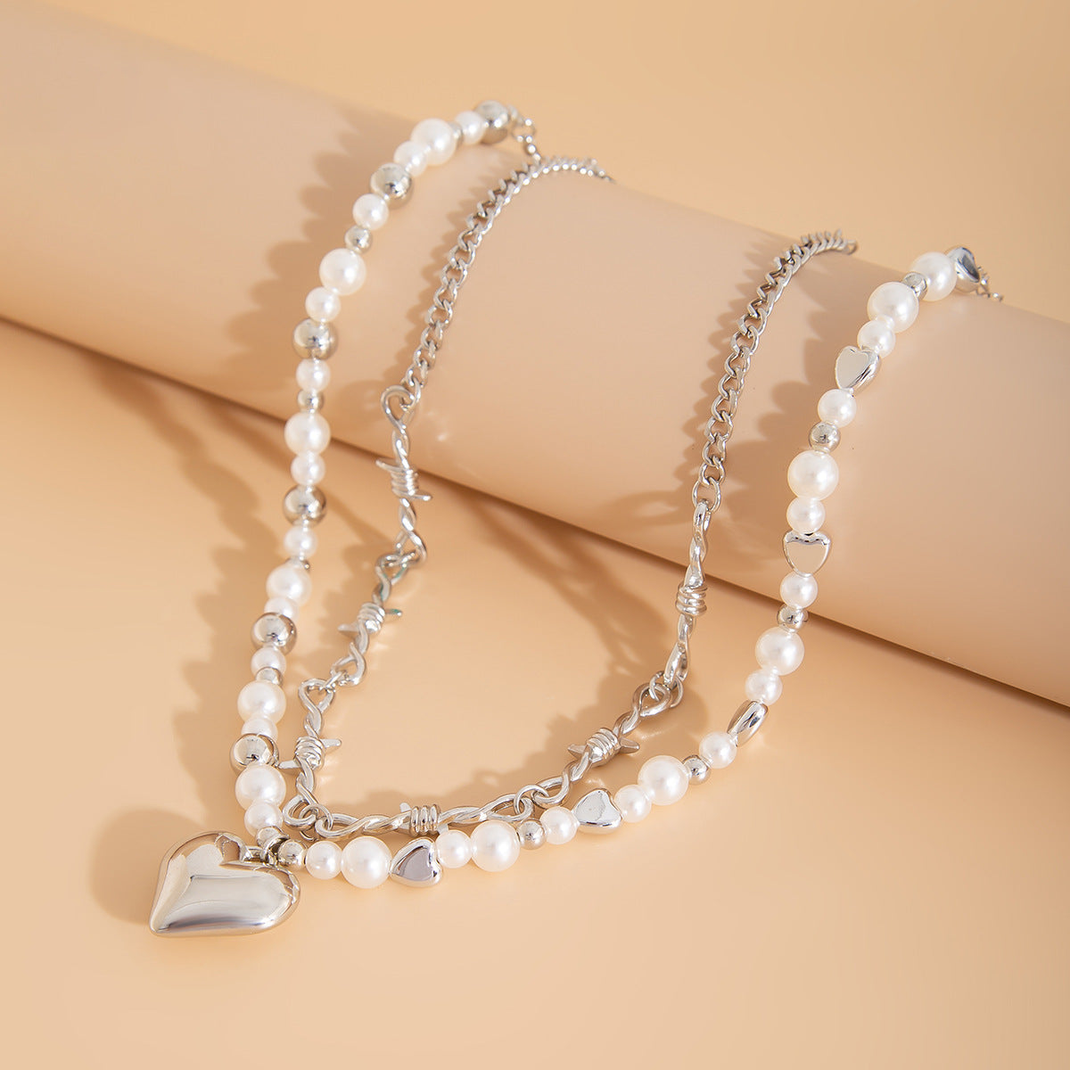 Heart Pendant Pearl-Style Chain Necklace
