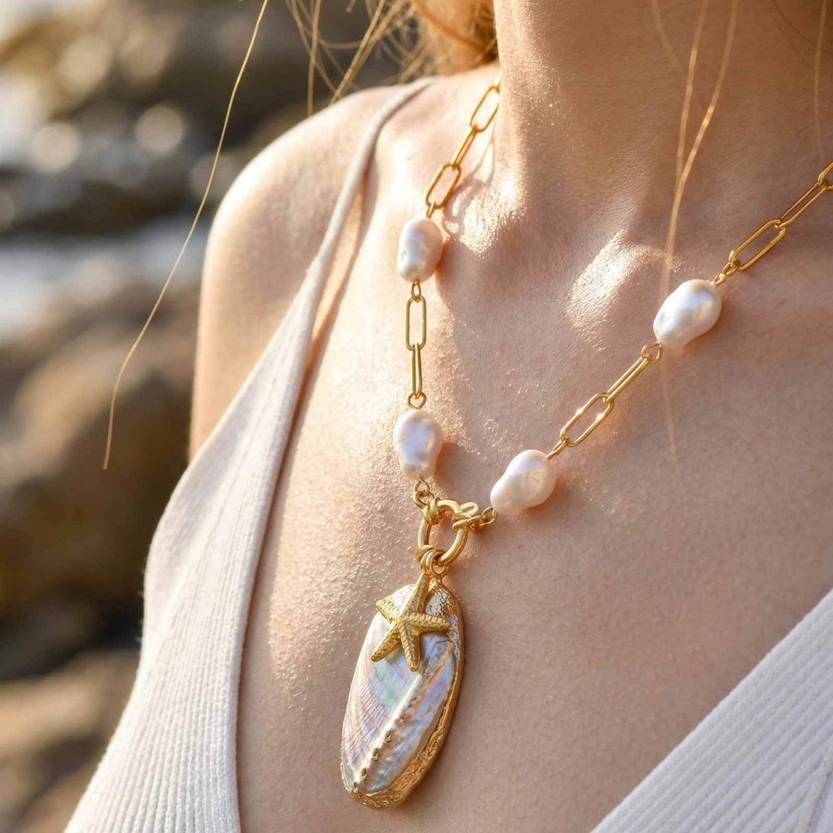 Ocean Wind Stainless Steel Gold-Plated Edge Natural Conch Shell Imitation Pearl Starfish Necklace