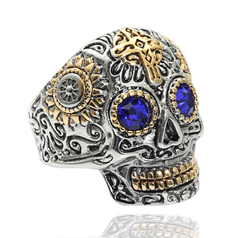 Planderful Skull Ring Titanium Steel Engraved Ghost Head Green Eye Unisex Protection For Men