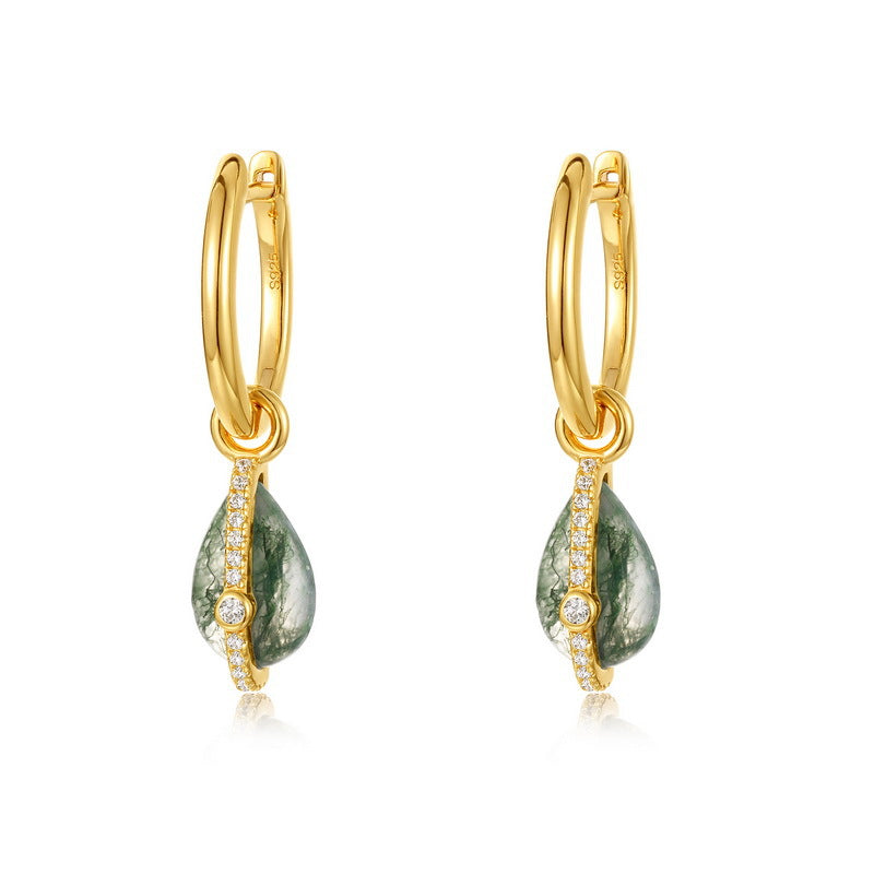 Planderful Everyday Genie Earrings – Fashion Trend S925 Sterling Silver Inlaid Green Mossy Stone Water Drop-shaped Women's Earrings Wholesale