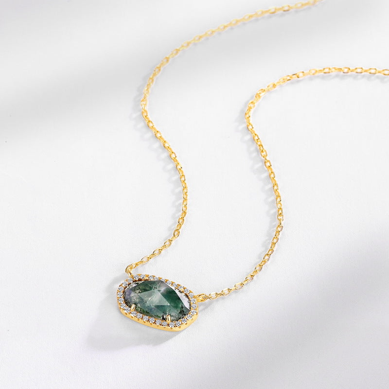 S925 Sterling Silver Moss Agate Pendant Necklace