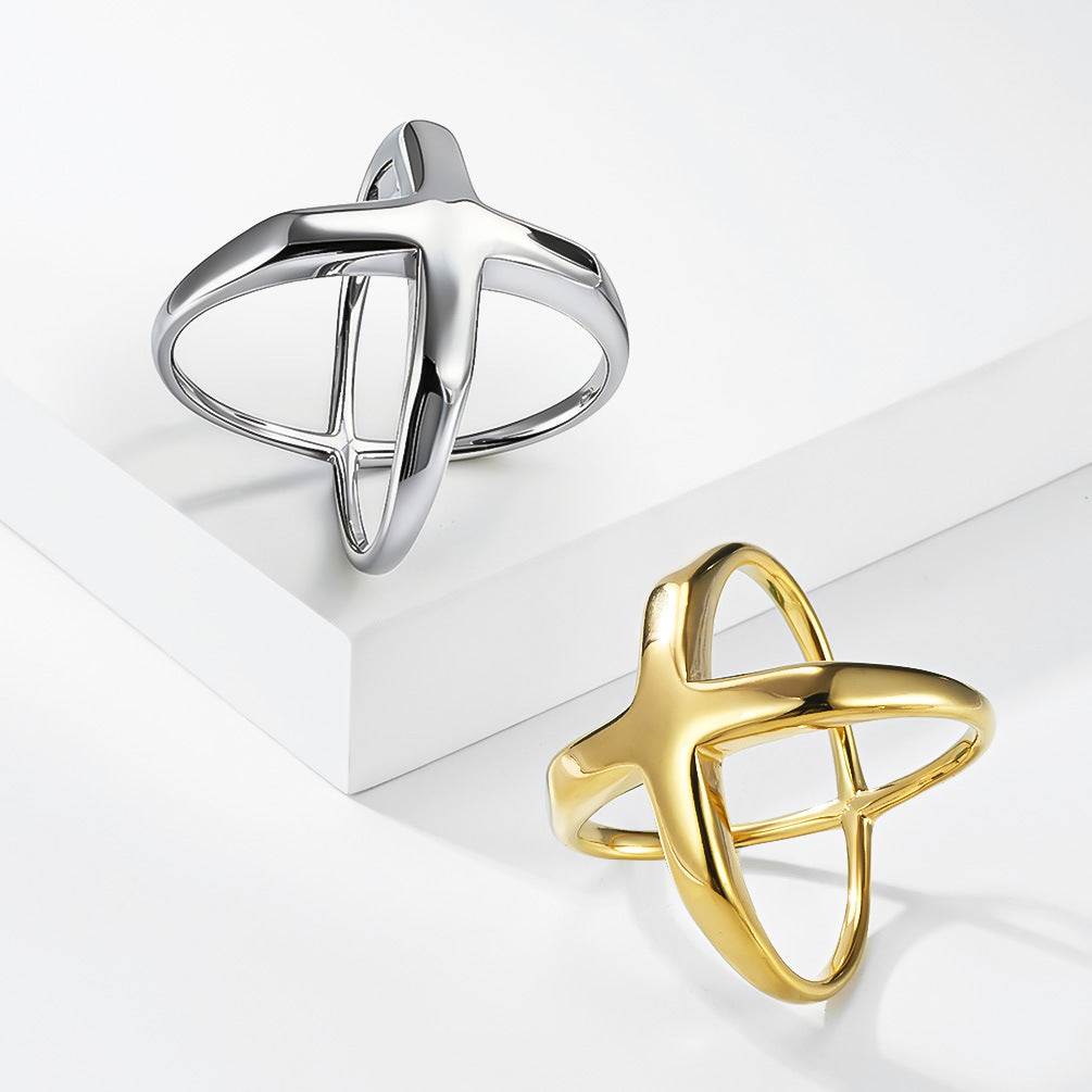 Planderful Cross Ring Stainless Steel Gold Plated Hollow Geometric Minimalist Statement For Women