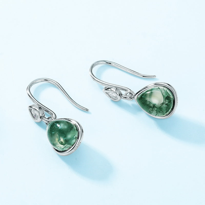 S925 Sterling Silver Moss Agate Teardrop Drop Earrings