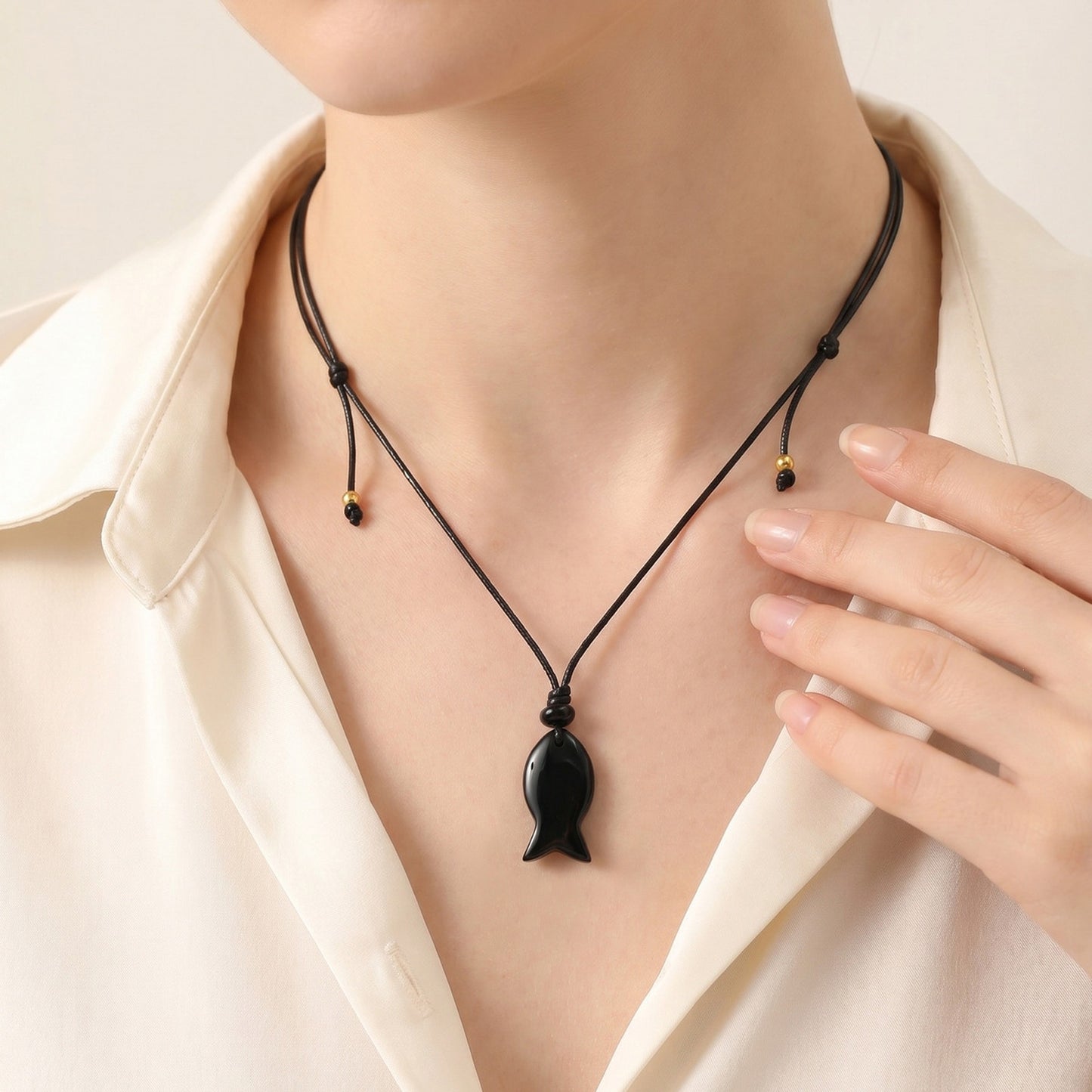 Bohemian Ocean Wind Natural Obsidian Fish Shape Adjustable Necklace Pendant