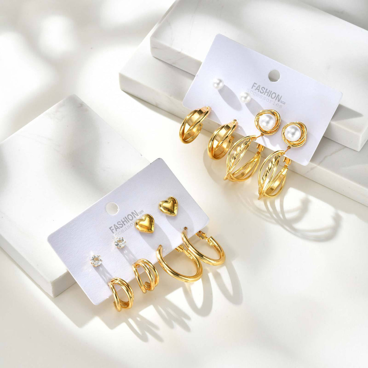 Zircon & Pearl Heart Earring Set — Four Pieces