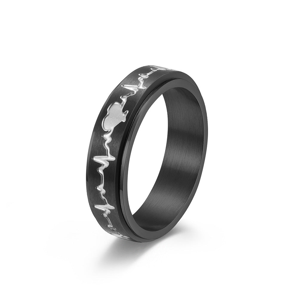 Stainless Steel Rotating Electrocardiogram Couple Ring – Heart Beat Stress-Relief Stainless