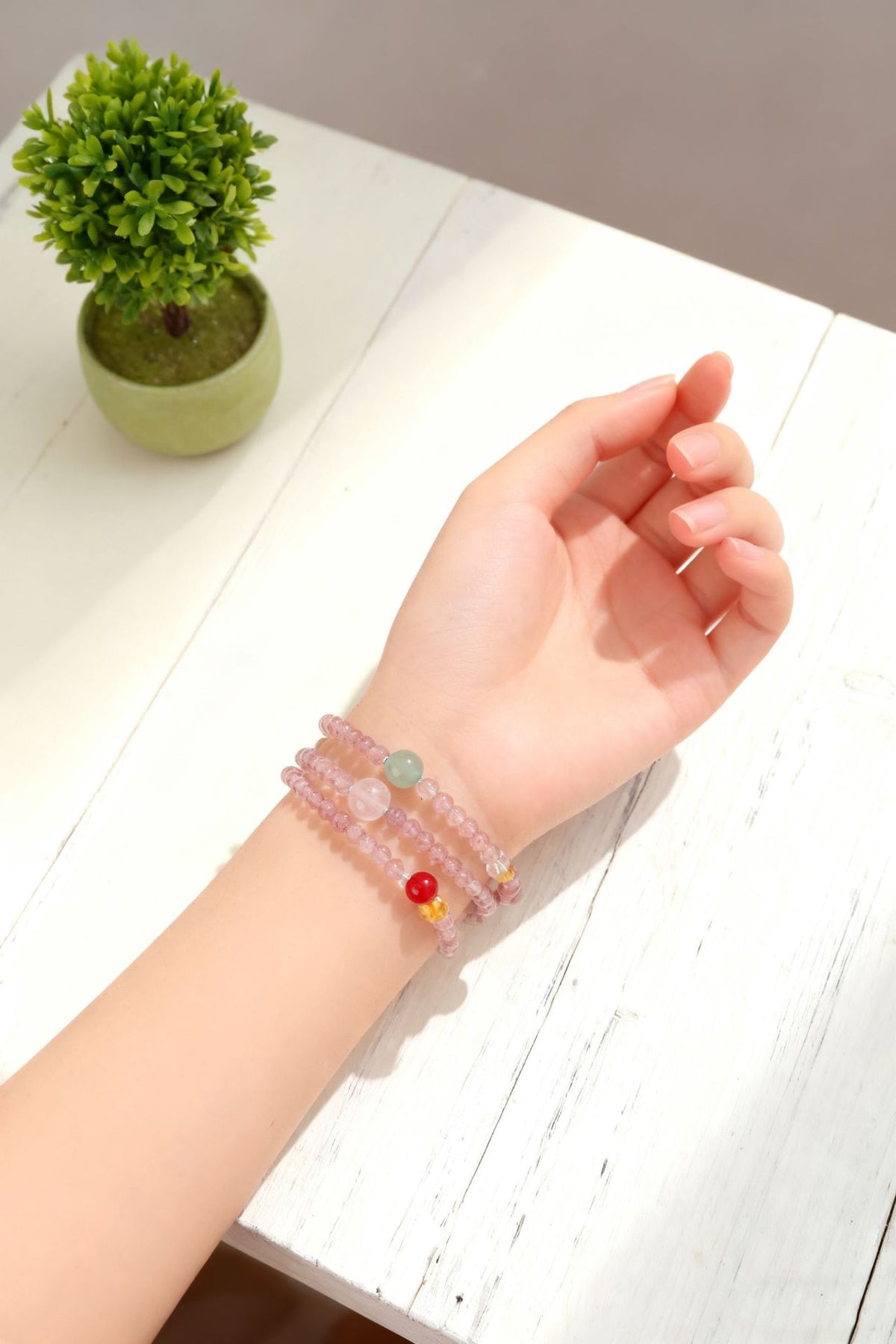 Strawberry Quartz Agate Moonstone Triple-Wrap Bracelet