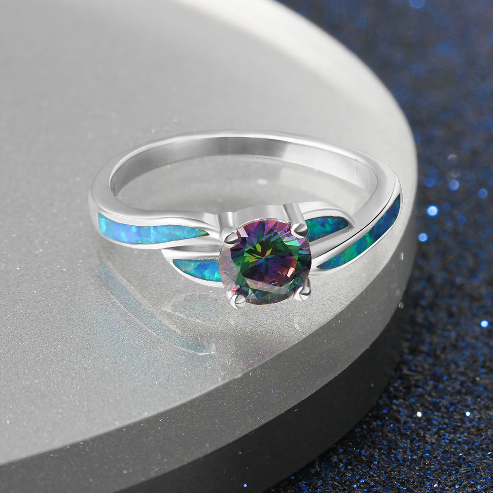 Planderful Jewelry Opal Ring In Sterling Silver With Colorful Play Of Color Gemstones