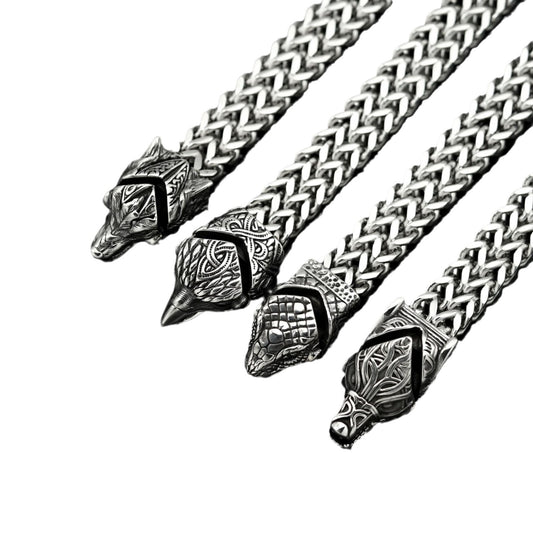 Planderful Stainless Steel Viking Bracelet For Men And Unisex Thick Chain Wolf Eagle Head Nordic Design