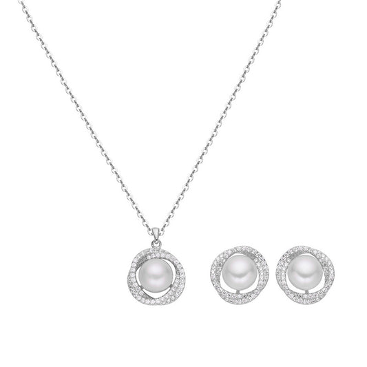 Mobius Circle Round Pearl Silver Necklace Earrings Set