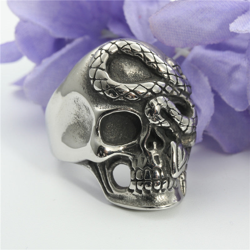 Titanium Steel Skull Head Snake King Ring for Men - Retro Punk Jewelry in European and American Style
