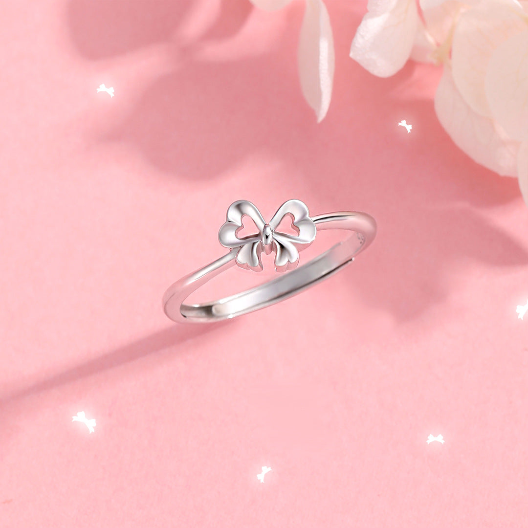 Planderful S925 Sterling Silver Love Bow Ring For Women Adjustable Opening Versatile High End Jewelry