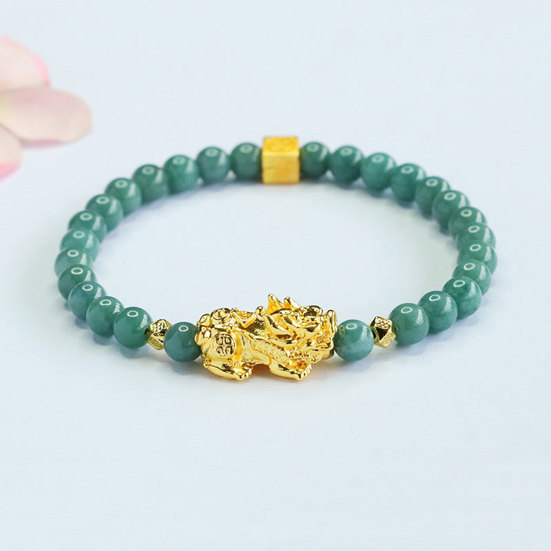 Blue Water Jadeite Pixiu & Round Bead 5.8 mm Bracelet