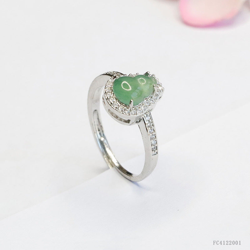 Blue Water Jadeite Gourd Pavé-Style Ring