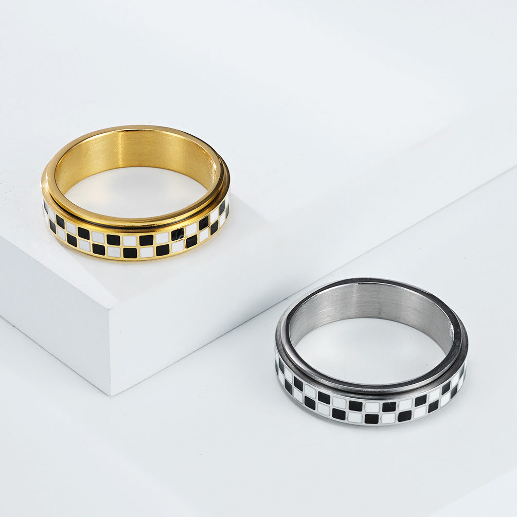 Planderful Rotating Plaid Ring For Women Black And White Niche Design High End Steel Jewelry