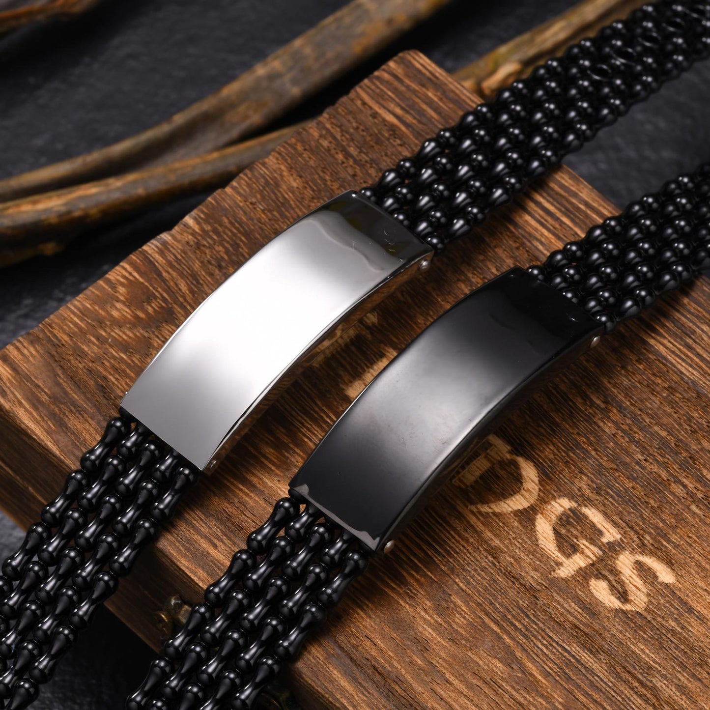 Jewelry Stainless Steel Curved Brand Black PVC Strap Bracelet Universal for Men and Women