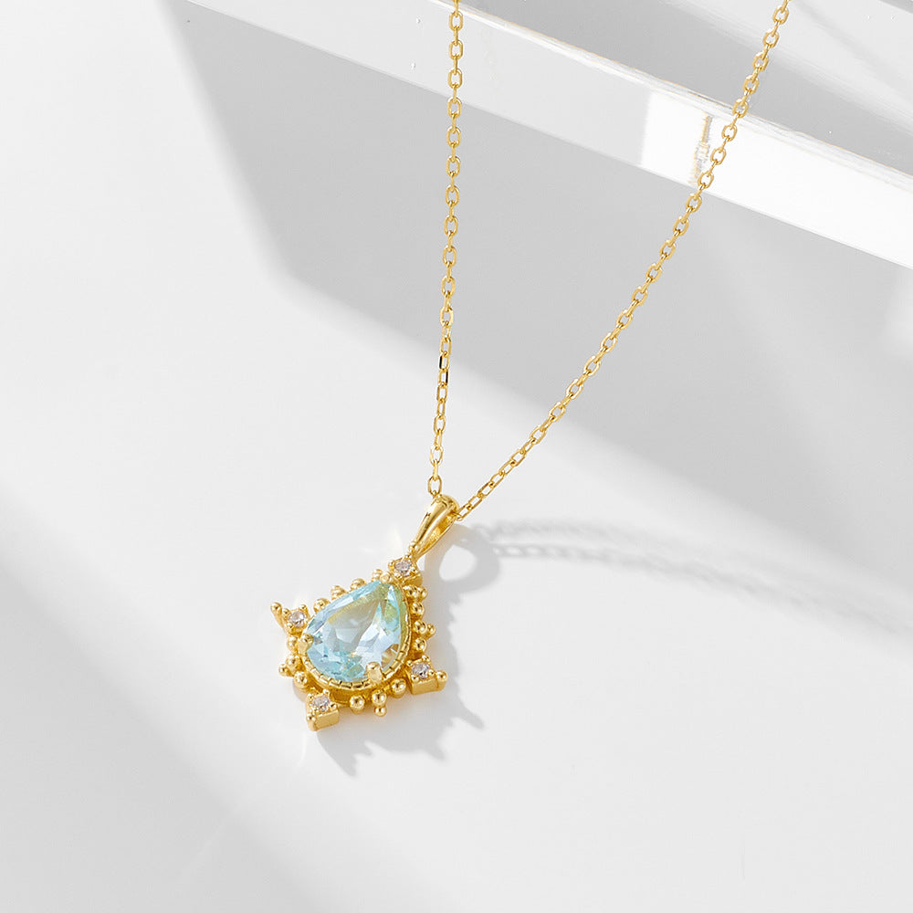 Water Drop Shape Sky Blue Topaz Pendant 925 Sterling Silver Necklace High-End