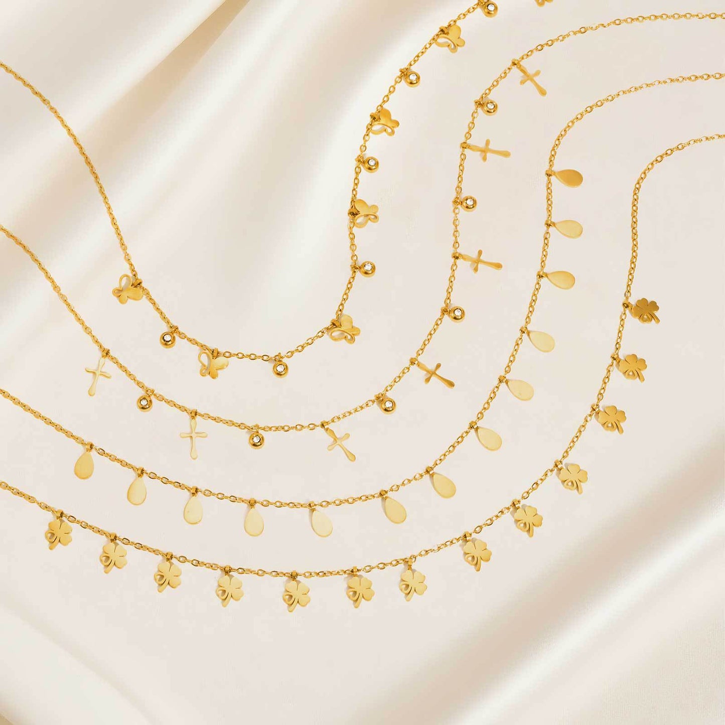 Stainless Steel Geometric Star Flat Cross Chain Water Drop Hollow Butterfly Zircon Necklace