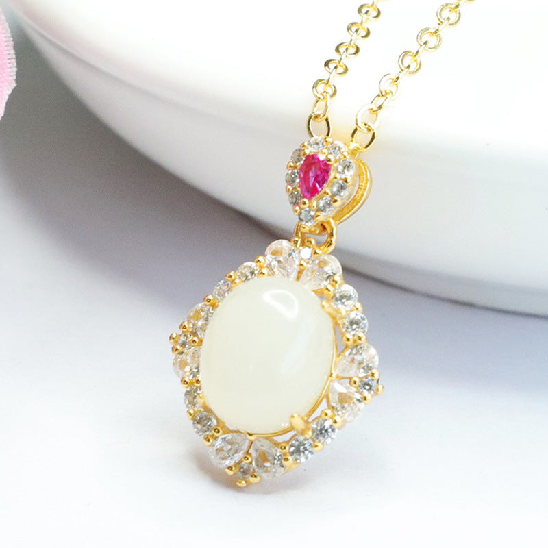Hotan White Jade Zircon Necklace with Sterling Silver Pendant