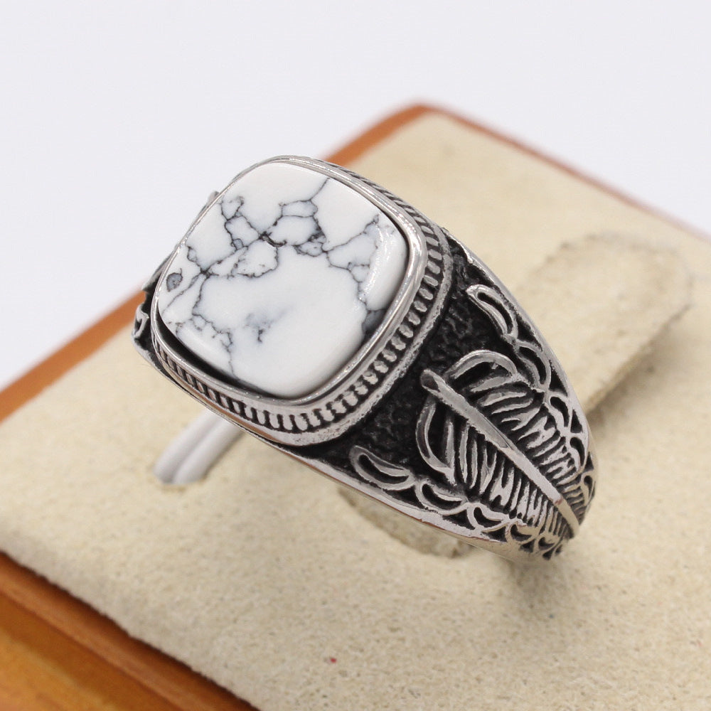 Planderful Turquoise Feather Steel Ring For Men And Unisex Durable Retro Protection Statement Everyday Genie