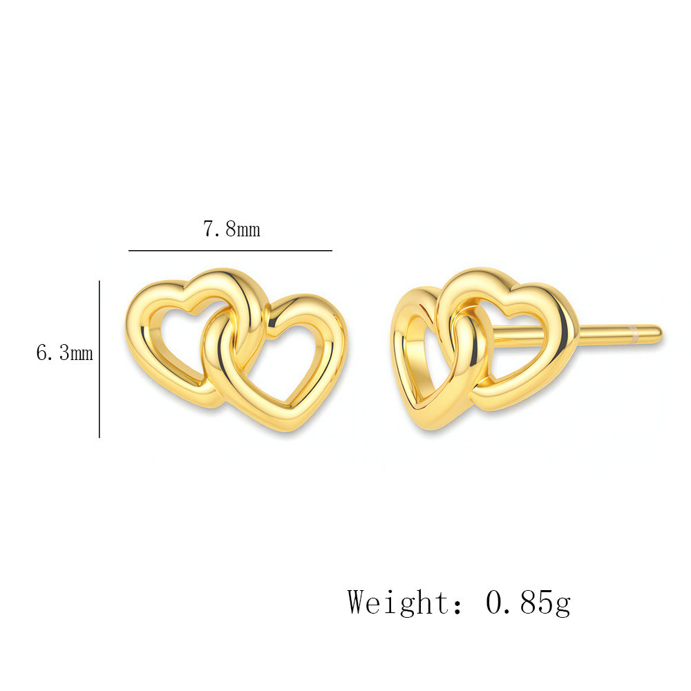 S925 Sterling Silver Small Fresh Love Design Stud Earrings Exquisite Heart-To-Heart Print Sweet