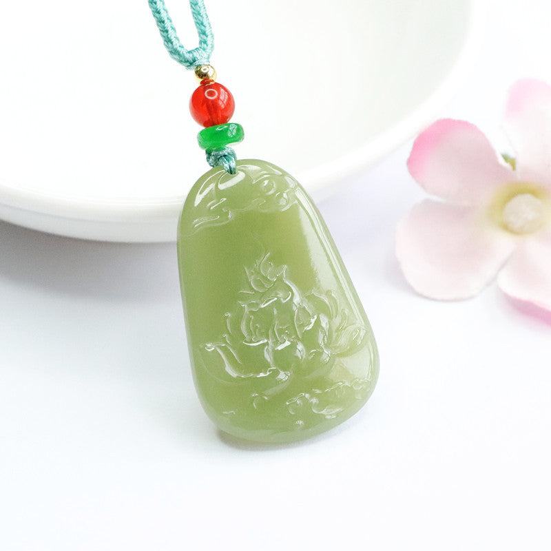 Lake Green Jade Lotus Necklace Crafted from Natural Hetian Jade