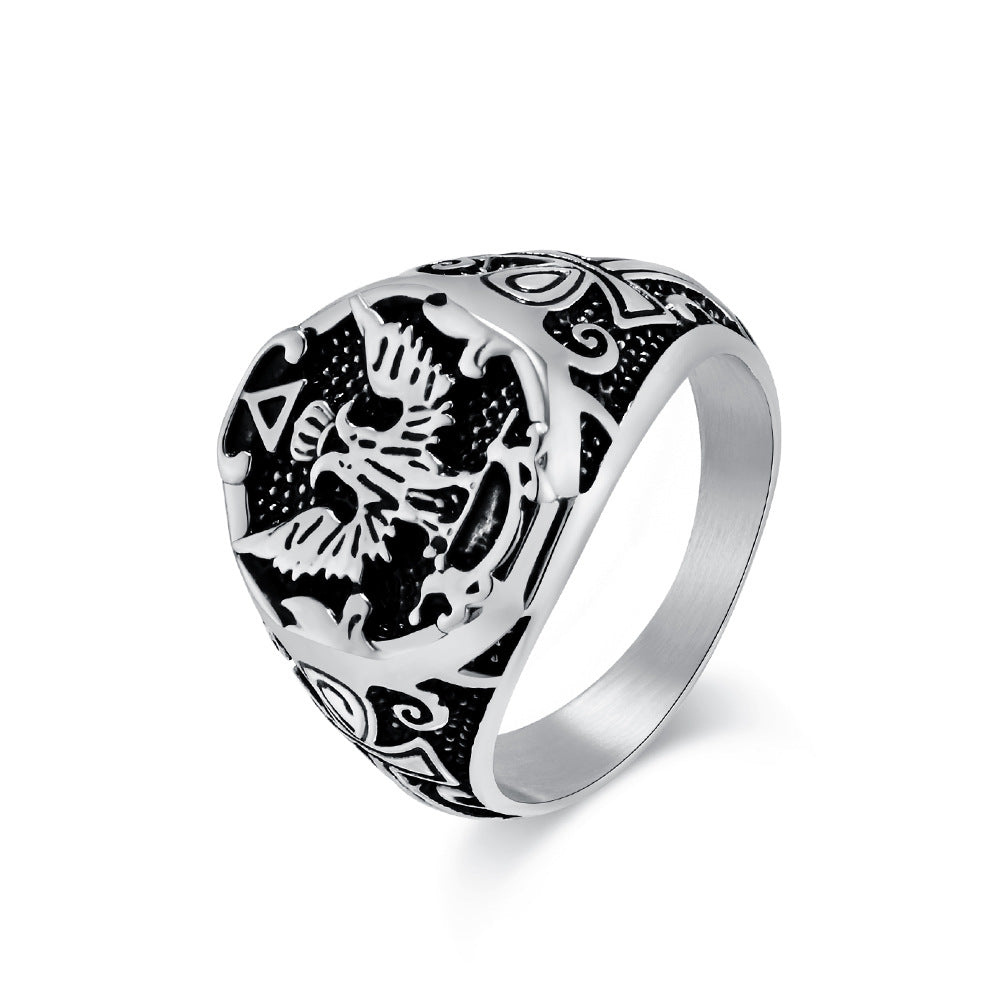 Planderful Mens Ring Retro Double-Headed Eagle Titanium Steel For Men Dominant Statement Jewelry