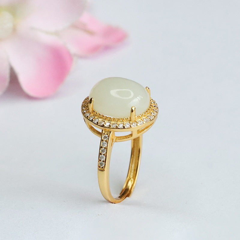 Sterling Silver Jade Halo Ring with Zircon Accent