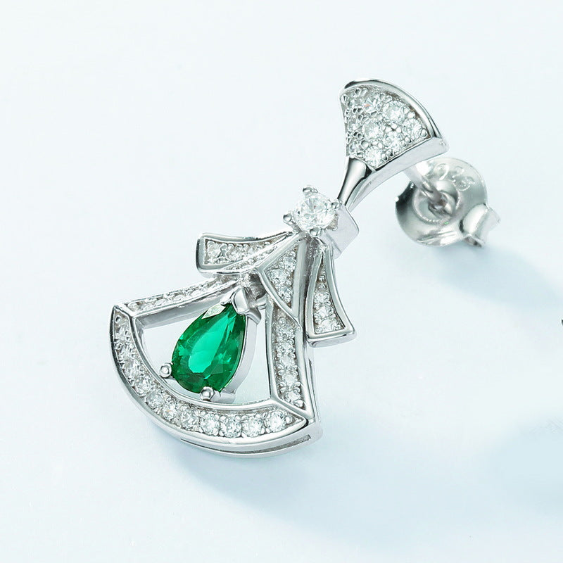 S925 Sterling Silver Lab-Grown Emerald Fan Stud Earrings