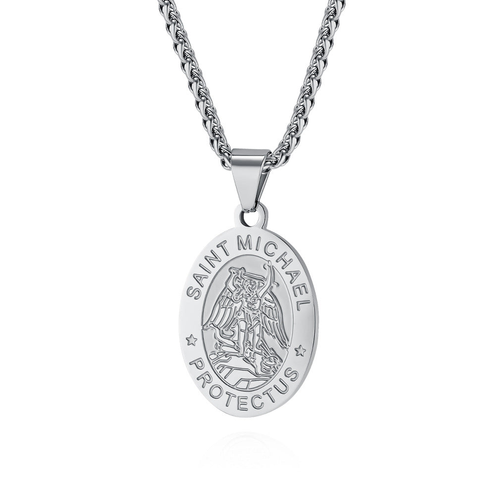 Patron Saint Archangel Oval Medal Pendant Titanium Steel Unisex Necklace By Planderful Everyday Genie Protection Gift