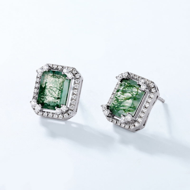 S925 Sterling Silver Moss Agate & Zircon Geometric Stud Earrings