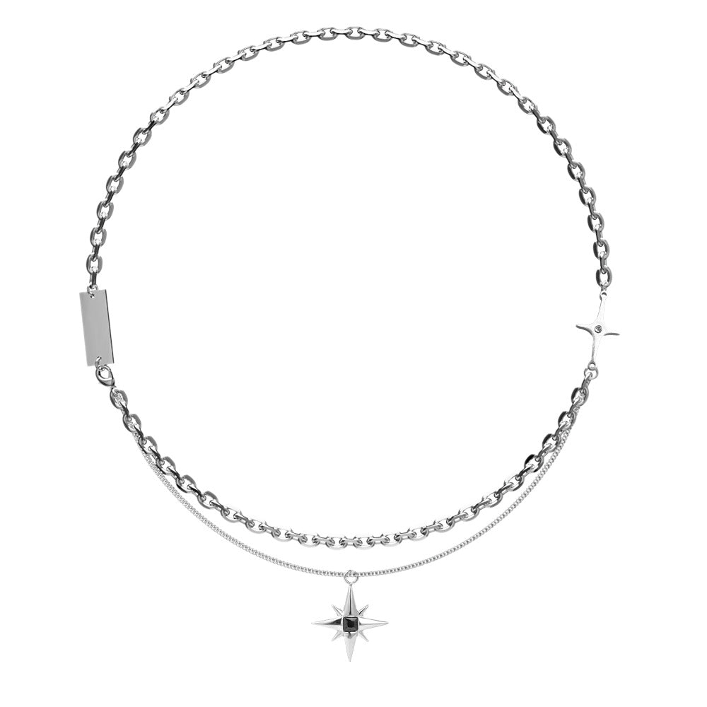 Planderful Jewelry Titanium Steel Double Chain Necklace With Cross And Star Pendant